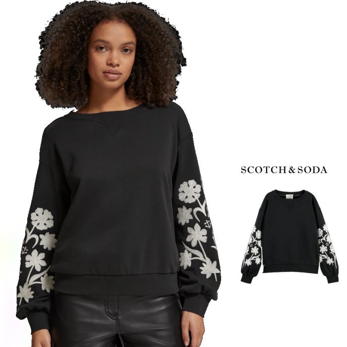 SCOTCH＆SODA × MAISON SCOTCH【 スコッチ＆ソーダ★メゾンスコッチ 】176300【Embroidered Sleeve Sweatshirt】袖刺繍WIDE・クルースェットCOLOR：【 Evening Black 】ブラック