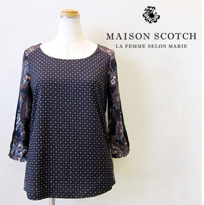 ■■50％OFF■■レディースMAISON SCOTCHPRINT SHIRTフラワードット×ペイズリー柄7分袖カットソーcolor:57ネイビー