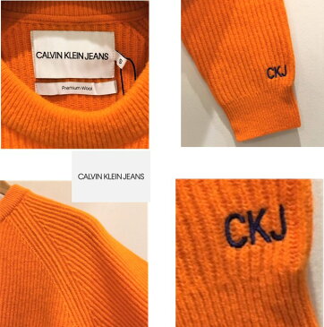 Calvin Klein JEANS【 カルバンクライン・ジーンズ 】RIB CREW MD KNITプルオーバー 袖ラインクルーニットcolor：【 ORANGE 】オレンジ