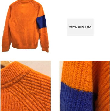 Calvin Klein JEANS【 カルバンクライン・ジーンズ 】RIB CREW MD KNITプルオーバー 袖ラインクルーニットcolor：【 ORANGE 】オレンジ