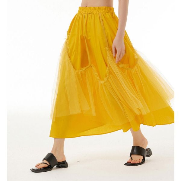 スカート ロング フレア Aライン チュール ボリューム 異素材MIX カジュアル 春夏 ウエストゴム シンプル【orubia オルビア】