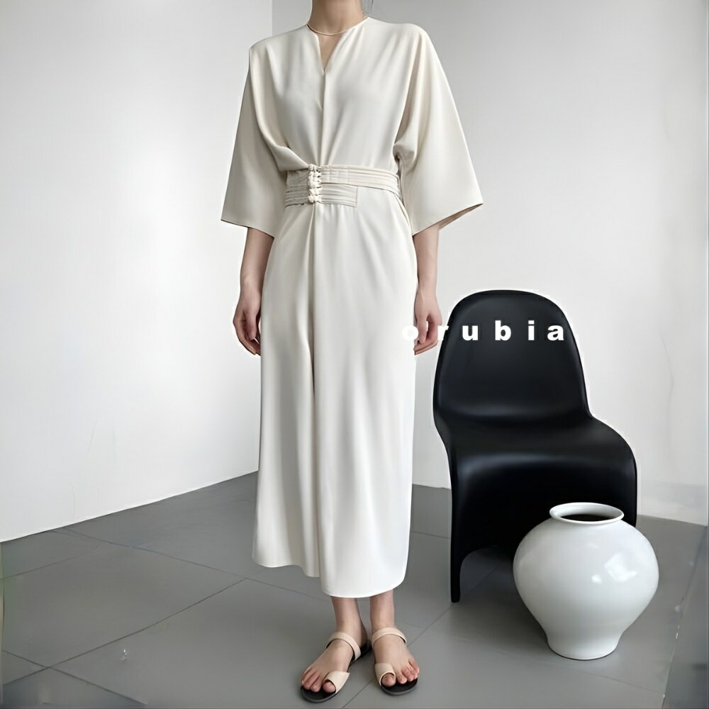 【3/30 20:00 春のまとめ買い セール】ワンピース ウエストマーク デザインベルト ドレープ Vネック 七分袖 ドレス ハイウエスト エレ..