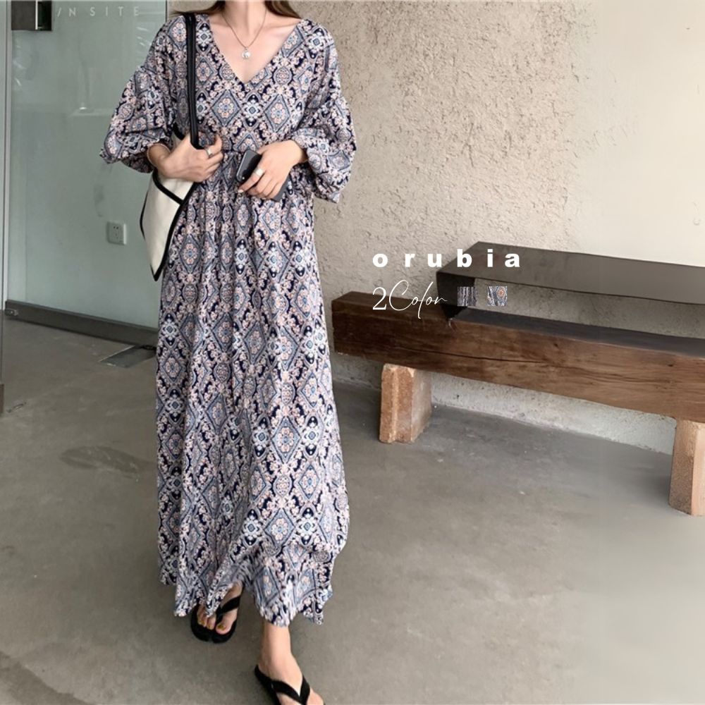 ワンピース パフスリーブ 七分袖 Vネック エスニック アンティーク柄 秋春 マキシ【orubia オルビア】