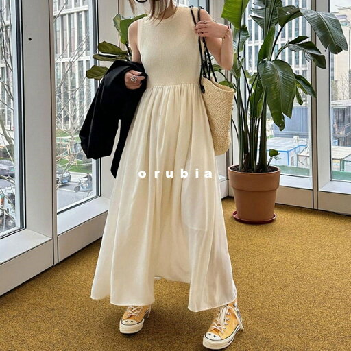 ワンピース ロング Aライン フレア 無地 クルーネック シンプル ノースリーブ【orubia オルビア】 ワンピース ロング Aライン フレア 無地 クルーネック シンプル ノースリーブ【orubia オルビア】