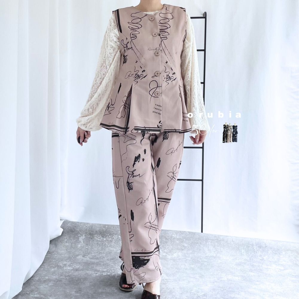 セットアップアート柄プリント ベスト パンツ タック フロントボタン ハイウエスト ストレート ウエス..