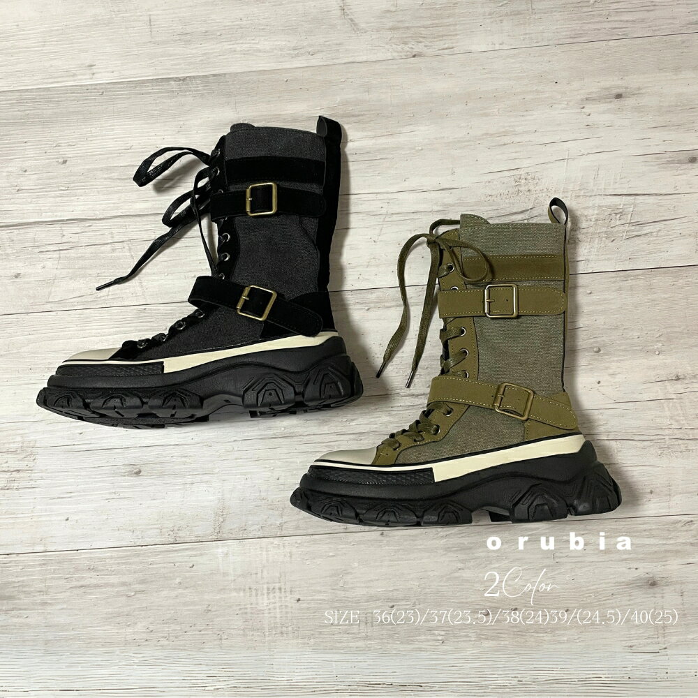 スニーカーブーツ マーチンブーツ ブーツ レースアップ ベルト 厚底 ロック ストリート ダンス ライダーブーツ キャンバス【orubia オルビア】
