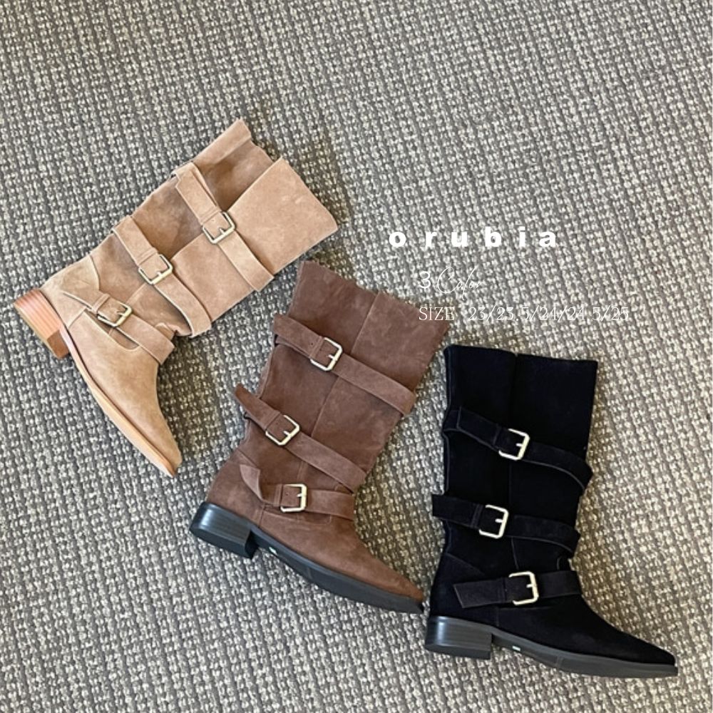 ブーツ スエード ミドル バックル カットアウト ルーズ ローヒール 韓国【orubia オルビア】