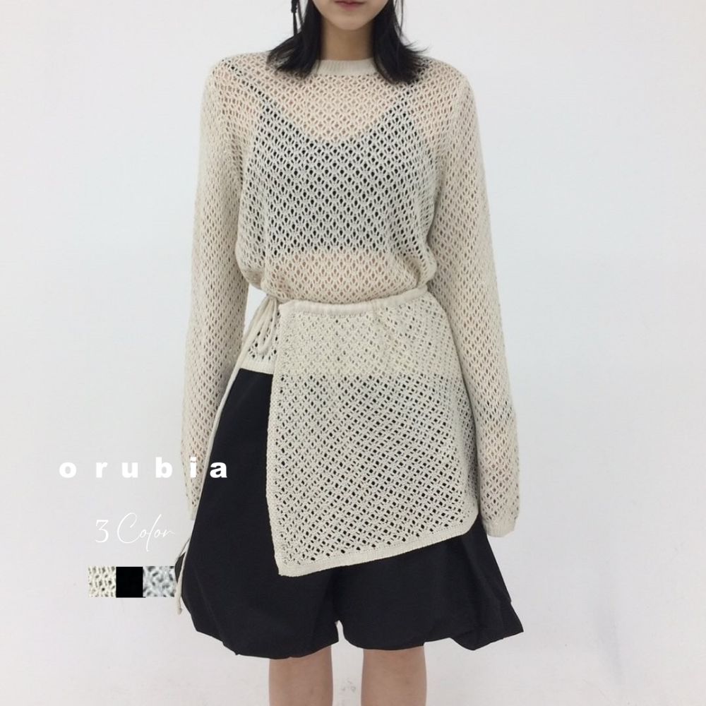 ニット 長袖 透かし編み 巻きスカート付 サロンスカート シースルー クルーネック カジュアル レイヤー..