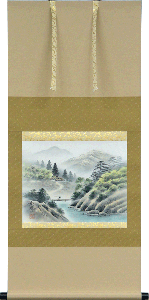 Rakuten - 掛軸　彩色山水　中塚春邦(掛け軸　F6小判横) 幅51.5cm×丈114.5cm【当日出荷可能】【送料無料】【掛け軸 販売】【smtb-kd】
