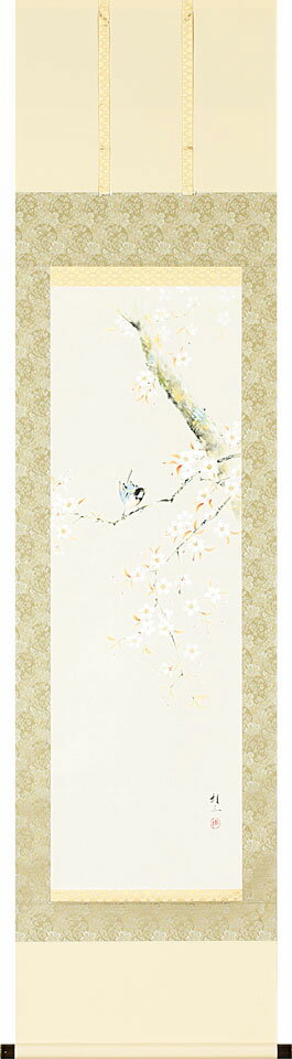 掛軸 桜に小禽 佐藤桂三画(掛け軸 半切立) 幅47cm×丈190cm【送料無料】【smtb-kd】