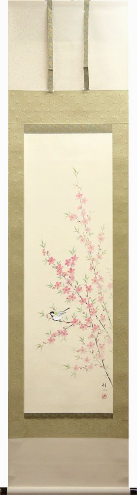 掛軸 桃に小禽 佐藤桂三画(掛け軸　半切立）幅47cm×丈190cm【送料無料】【掛け軸 販売】【smtb-kd】【楽ギフ_包装】【楽ギフ_のし宛書】