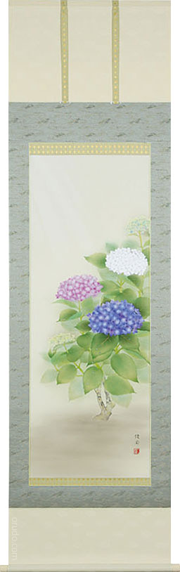 掛軸 紫陽花 鈴木優莉(掛け軸　尺五立）幅54.5cm×丈190cm　本メノウ高級風鎮付【送料無料】【掛け軸 販売】【smtb-kd】【楽ギフ_包装】【楽ギフ_のし宛書】