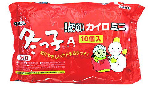 【商品説明】 【タカビシ化学】 冬っ子エースミニ(貼らない) 内容量(10枚入) サイズ：100mm×70mm ※本商品は貼れないタイプです ●肌にやさしいカドまるタッチの使い捨てカイロです。 ■使用方法 袋から出して肌着の上から、からだにあててください ◎最高温度69℃ ◎平均温度56℃ ◎持続時間7時間　 ★使用上の注意 ・低温やけどは、体温より高い温度の発熱体を長時間あてていると紅班、水泡等の症状をおこすやけどのことです。なお自覚症状をともなわないで低温やけどになる場合もありますので、ご注意ください。 ・肌に直接貼らないでください。 ・就寝時は低温やけどしやすいので、使用しないでください。 ・肌の弱い方は低温やけどにご注意ください。 ・あつすぎると感じたときはすぐにはがしてください。 ・幼児や身体のご不自由な方など自分ですぐにはがせないような場合でのご使用は十分ご注意ください。 ・使用後は燃えないゴミとしてお捨てください。 【製造国】：日本 【製造発売元】：タカビシ化学株式会社 本社：〒541-0046　大阪市中央区平野町1丁目2-4 工場：〒597-0094　大阪府貝塚市二色南町7-3 (072)437-3600 【広告文責】：桜彩堂株式会社(03-6915-2273)