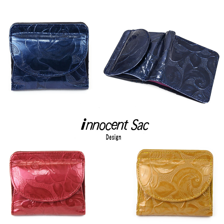 【送料無料】二つ折り財布 極小財布 薄型 バラ 花柄 エナメル 型押しレザー innocent Sac イノセントサック 本革 牛革 日本の革 日本製