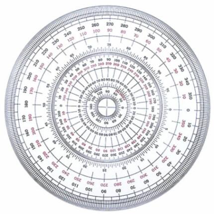 コンサイス　全円分度器25cm　C-25 サイズ：直径25cm×3.0mm 主素材：アクリル製 製造国：日本製 ◆直径25cmの大型の全円分度器です。 ◆外側に0.5度の目盛が入っているので、細かな計測が可能です。定規の内部にも目盛があるので、小さな物でも正確に測ることができます。 ◆定規の厚さは3mmで、押さえやすいのも特徴です。
