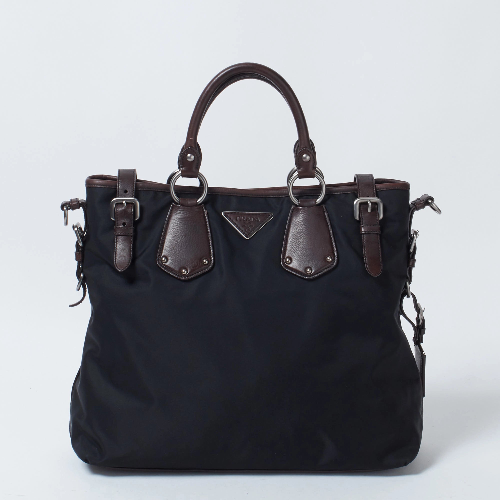 【PRADA/プラダ】ナイロン ブラウンレザー 三角ロゴプレート ショルダーストラップ付き 2wayハンドバッグ 【安心保証】 【中古】