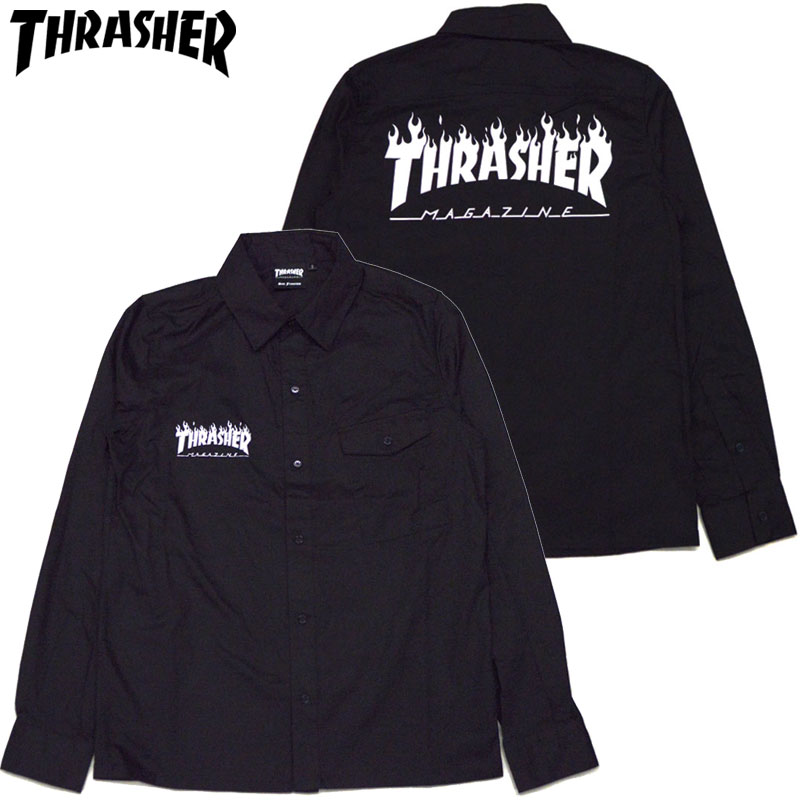 【Sサイズ ラスト1点】スラッシャー THRASHER FLAME LOGO WORK SHIRT(ブラック 黒 BLACK WHITE)スラッシャーシャツ THRASHERシャツ スラッシャーワークシャツ THRASHERワークシャツ WORKSHIRT FLAME LOGO フレームロゴ