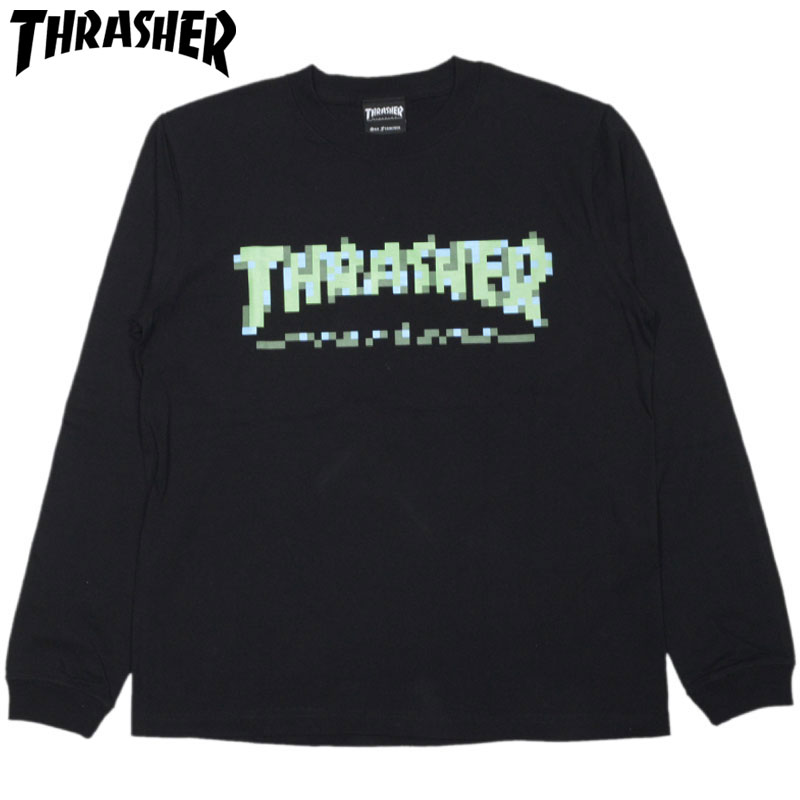 スラッシャー THRASHER PIXCEL LONGSLEEVE(ブラック 黒 BLACK/GREEN)スラッシャーロンT THRASHERロンT スラッシャーロングTシャツ THRASHERロングTシャツ スラッシャーマグロゴ THRASHERマグロゴ マグロゴ 長袖 LOGO ロゴ