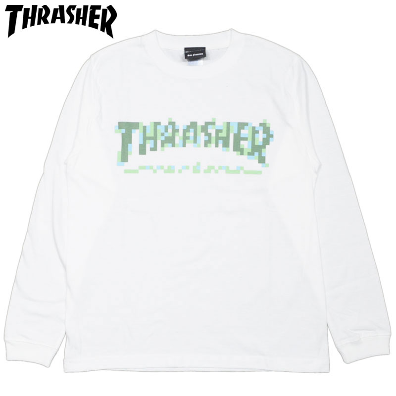 スラッシャー THRASHER PIXCEL LONGSLEEVE(ホワイト 白 WHITE/GREEN)スラッシャーロンT THRASHERロンT スラッシャーロングTシャツ THRASHERロングTシャツ スラッシャーマグロゴ THRASHERマグロゴ マグロゴ 長袖 LOGO ロゴ