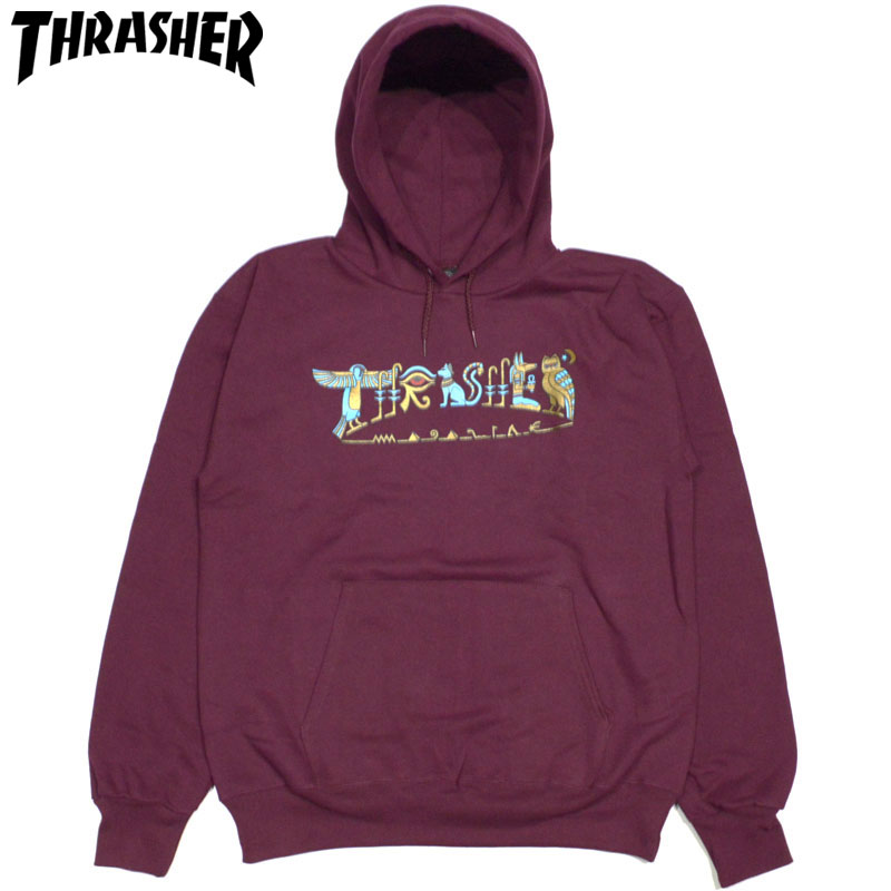 【US】スラッシャー THRASHER HIEROGLYPHIPH HOODIE(MAROON)スラッシャーパーカ THRASHERパーカ スラッシャープルオーバー THRASHERプルオーバー スラッシャーマグロゴ THRASHERマグロゴ