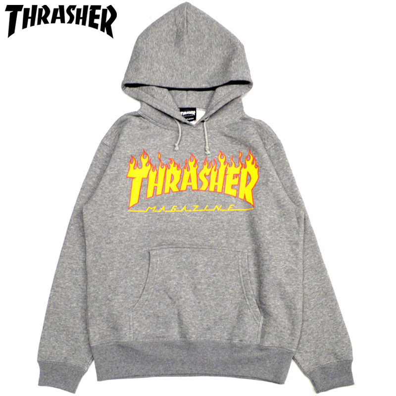 スラッシャー THRASHER FLAME HOODIE(グレー GRAY)スラッシャーパーカ THRASHERパーカ スラッシャープルオーバー THRASHERプルオーバー フレイム FLAMEロゴ