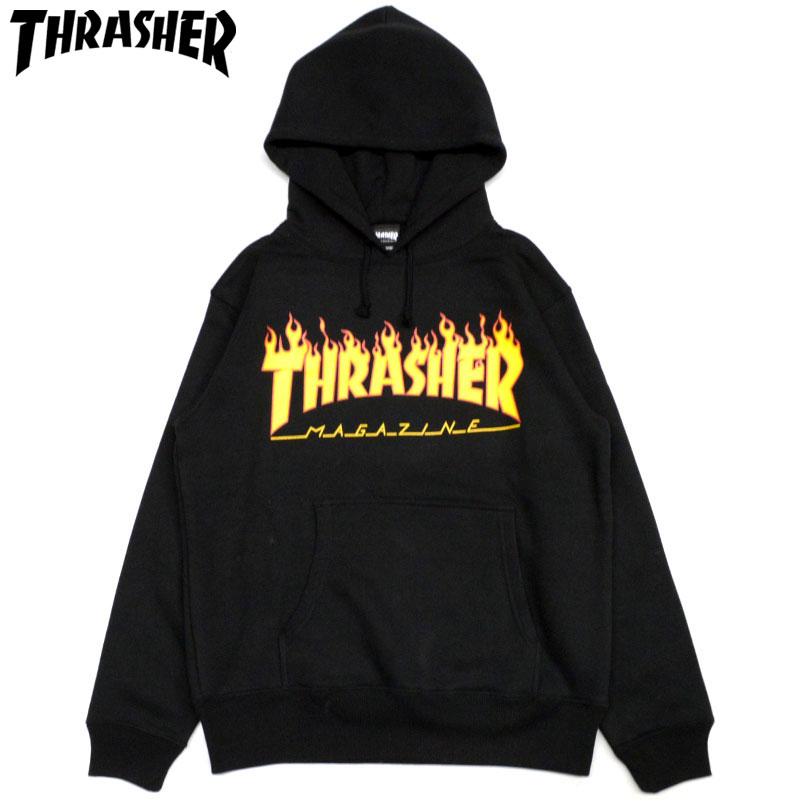 【Mサイズ ラスト1点】スラッシャー THRASHER FLAME HOODIE(ブラック 黒 BLACK)スラッシャーパーカ THRASHERパーカ スラッシャープルオーバー THRASHERプルオーバー フレイム FLAMEロゴ