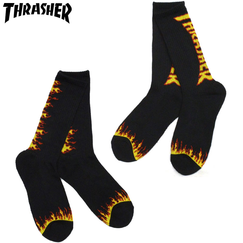 スラッシャー THRASHER FLAME LOGO SOX(ブラック 黒 BLACK)スラッシャーソックス THRASHERソックス スラッシャー靴下 THRASHER靴下 スラッシャーフレイムロゴ