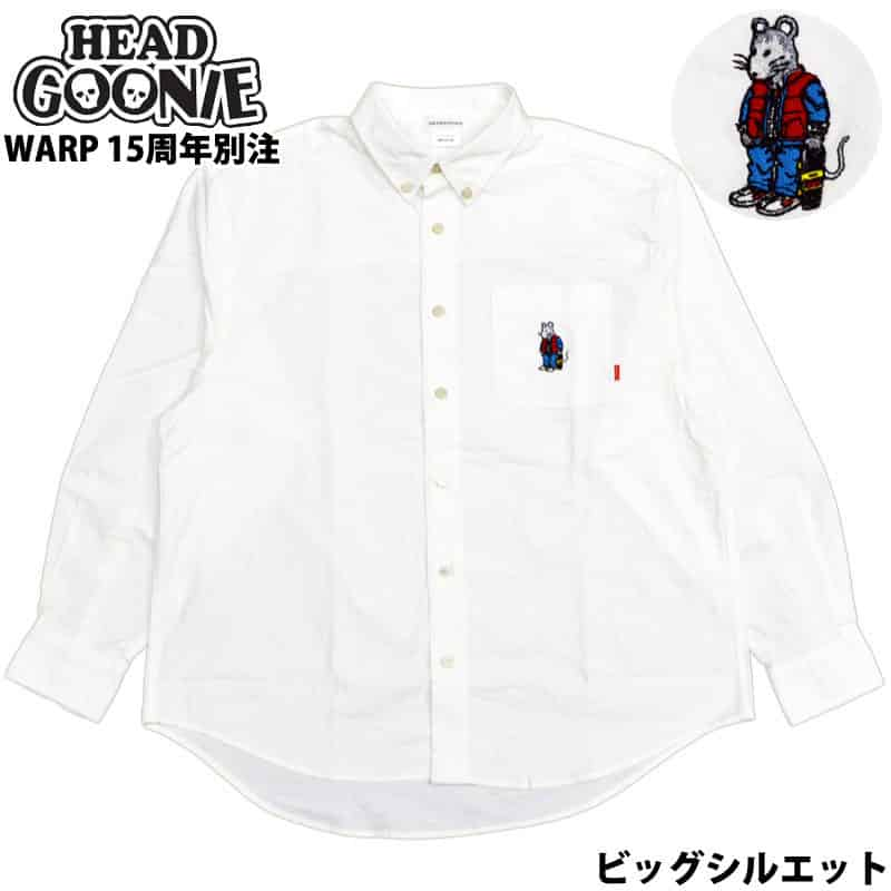 送料無料 ヘッドグーニー HEADGOONIE WARP 15TH ANNIVERSARY COLLABORATION McFly Rat Big Oxford Shirts(ホワイト 白 WHITE)WARP別注 ヘッドグーニーシャツ HEADGOONIEシャツ 刺繍