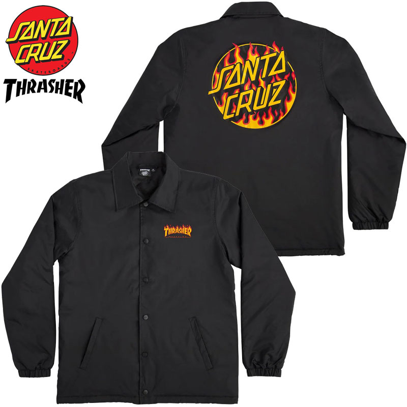 スラッシャー コーチジャケット メンズ 送料無料 サンタクルーズ SANTA CRUZ × THRASHER THRASHER FLAME DOT COACH JACKET(ブラック 黒 BLACK)サンタジャケット SANTACRUZジャケット サンタコーチジャケット SANTACRUZコーチジャケット THRASHERコラボ スラッシャーコラボ