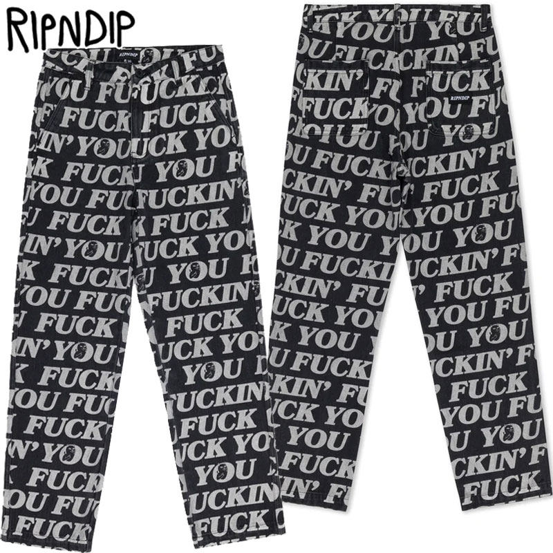 送料無料 リップンディップ RIPNDIP FUCKIN FUCK DENIM PANTS(ブラック 黒 BLACK)リップンディップツイルパンツ リッピンディップパンツ リップンディップボトム ズボン デニム 総柄 セットアップ