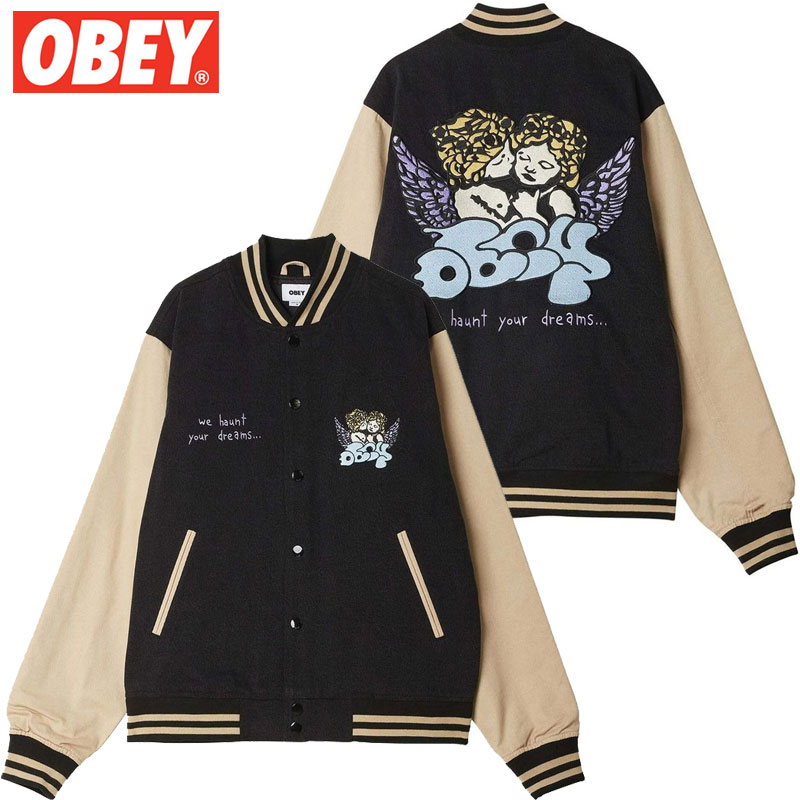 送料無料 オベイ OBEY CARE DENIM VARSITY JACKET(ブラック 黒 DUSTY BLACK)オベイジャケット OBEYジャケット OBEYアウター オベイアウター デニムジャケット 刺繍