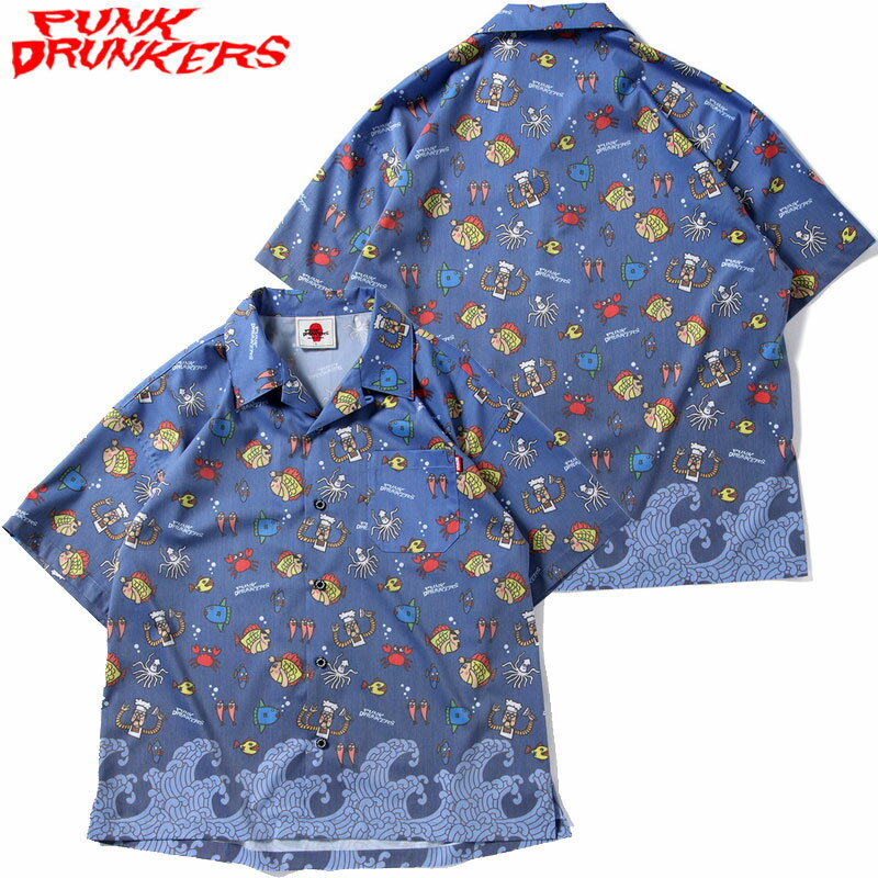 送料無料 パンクドランカーズ PUNK DRUNKERS PDS × およげ たいやきくん アロハシャツ(ブルー 青 BLUE)パンクドランカーズシャツ PUNK DRUNKERSシャツ アロハシャツ 総柄 およげたいやきくんコラボ