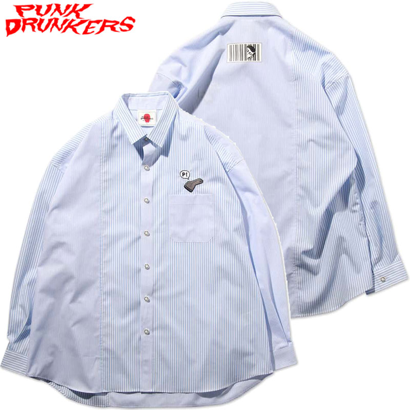 送料無料 パンクドランカーズ PUNK DRUNKERS バーコードストライプシャツ(ブルー 青 L.BLUE)パンクドランカーズシャツ PUNK DRUNKERSシャツ ストライプ柄