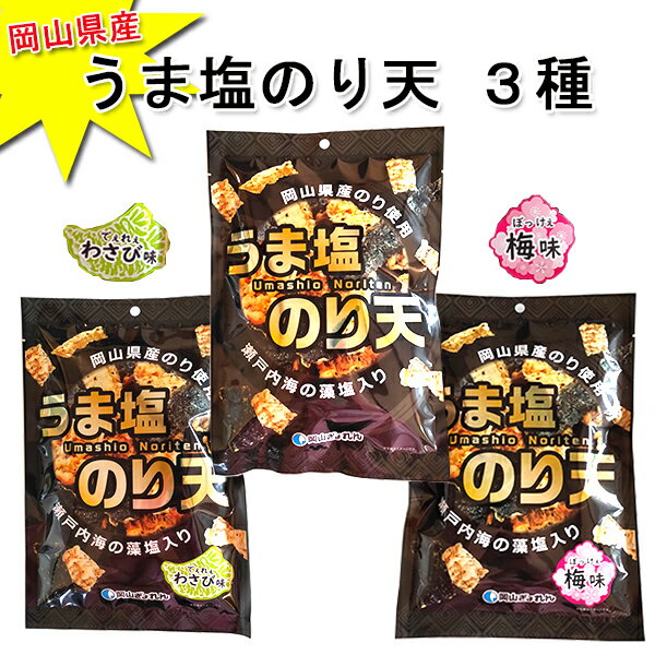 岡山のり うま塩のり天 プレーン 梅味 わさび味 53g/51g入 岡山県産 海苔 瀬戸内海 藻塩使用 おつまみ おやつ スナック