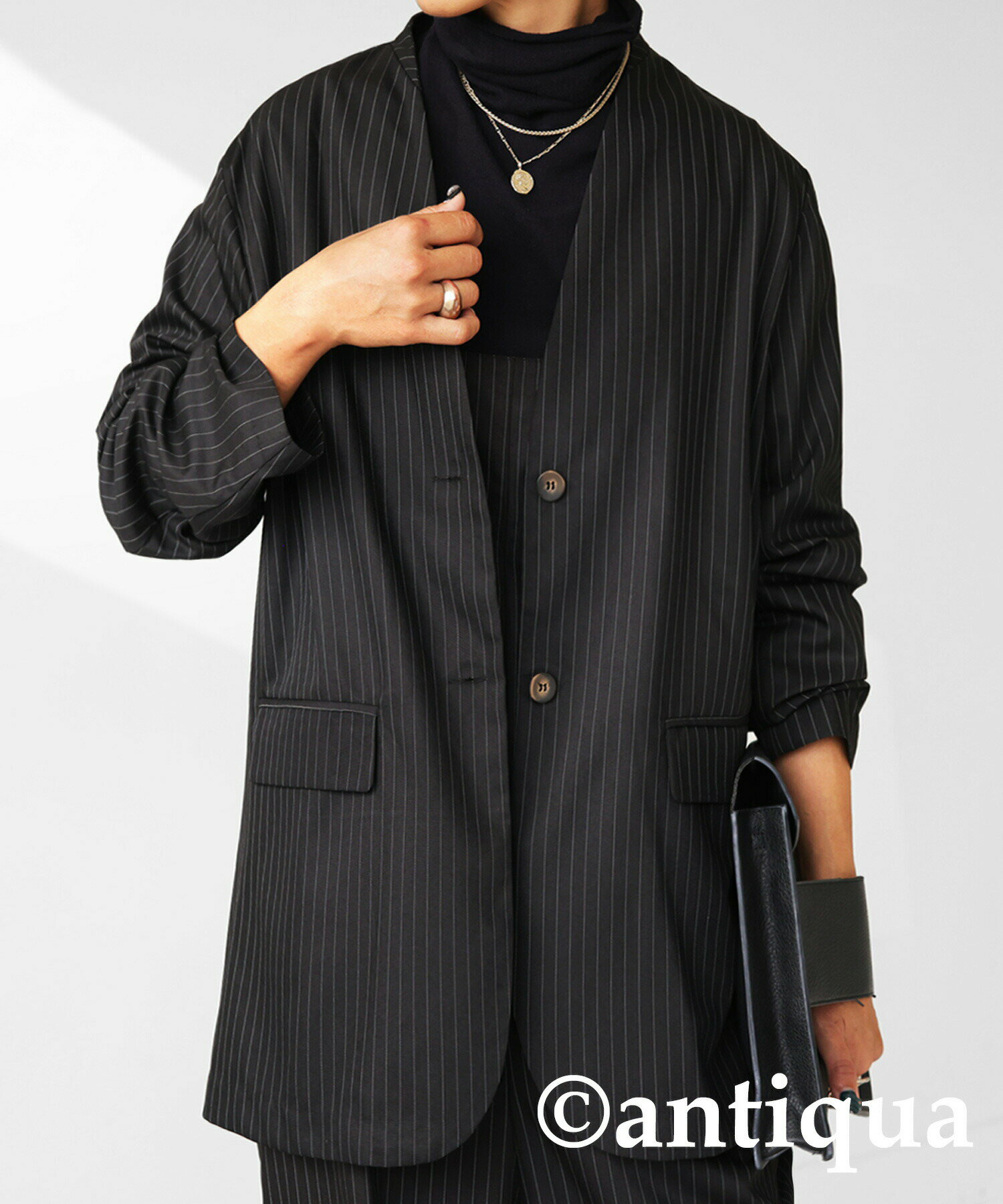 ノーカラージャケット 黒 ストライプ裏地 riziere（リジェール）の「バイカラーノーカラージャケット