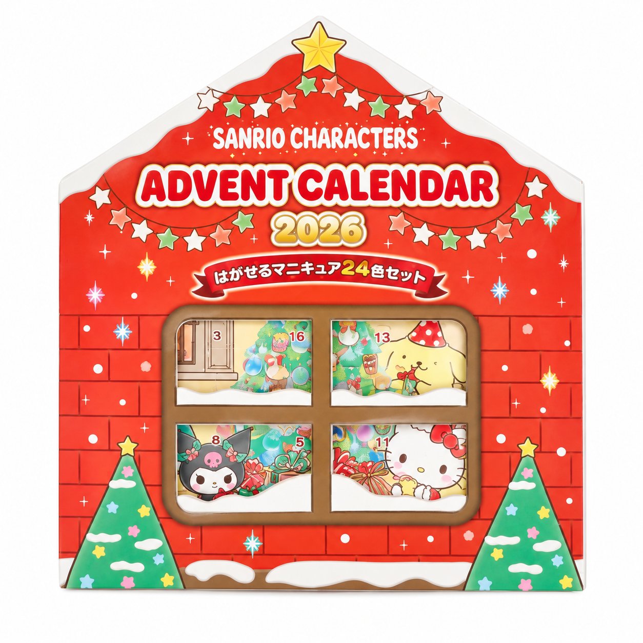 サンリオ キッズコスメ アドベントカレンダー 2026クリスマスまで、毎日ひとつずつ開ける楽しみ。サンリオキャラクターズのデザインがかわいい、ネイルカラー24色セットです。セット内容ネイルカラー：24色×各1本（1箱）水溶性ネイルカラー除光液を使わず、水またはぬるま湯で爪を軽くこすりながら落としてください。商品仕様対象年齢：6歳以上サイズ：37×40×4cm商品重量：約0.9kgご使用上の注意子供用化粧品です。必ず保護者の監視のもとで使用させてください。ご使用前に商品ラベルおよび注意書きをご確認ください。※画像の背景小物は商品に含まれません。
