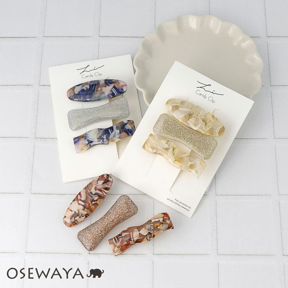 ヘアクリップ Candy Clip マルチシェイプ ラメ マーブル アクリル 3個セット ミニクリップ | OSEWAYA ヘアアクセサリー ヘアアクセ レディ...