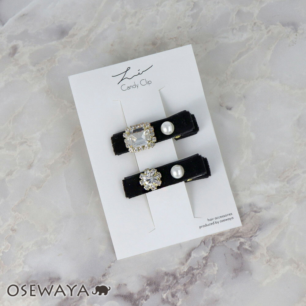 ヘアクリップ Candy Clip ベロア風 パール ストーン レクタングル 2個セット ミニ クリップ | OSEWAYA ヘアアクセサリー ヘアアクセ レデ...