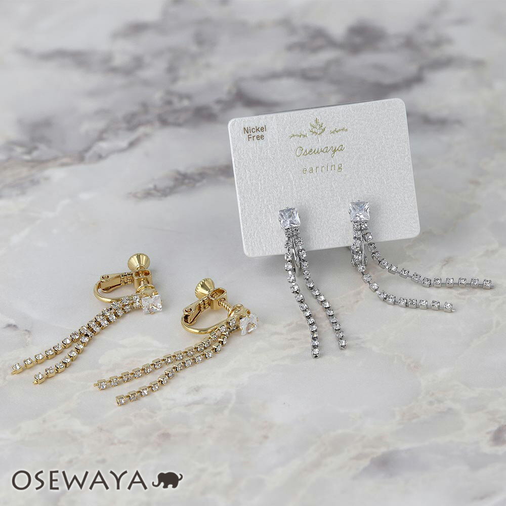 【楽天スーパーSALE 半額】イヤリング ニッケルフリー メタル ミニ ストーン スクエア 連爪 ダブル ライン ネジバネ式イヤリング | OSEWAYA アク...