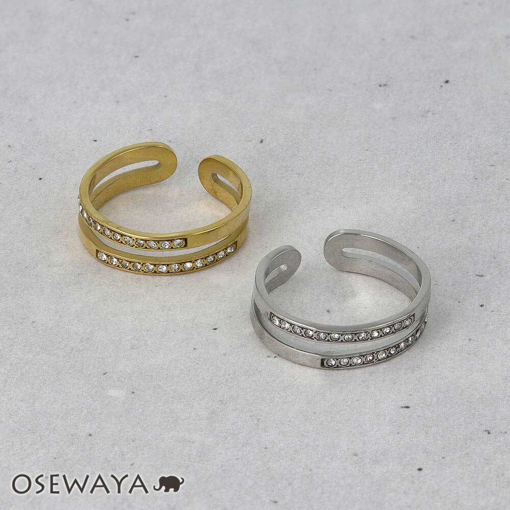 Rakuten - 【送料無料】リング ステンレス ストーン 2連風 フリーサイズ 指輪 | OSEWAYA アクセサリー レディース 女性 大人 プレゼント ギフト 結婚式 誕生日 おしゃれ オシャレ かわいい 可愛い