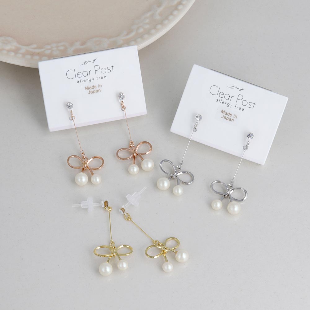 樹脂ピアス メタル リボン パール ストーン ドロップピアス | OSEWAYA アクセサリー レディース 女性 大人 プレゼント ギフト 結婚式 誕生日 オシャレ かわいい 可愛い シンプル