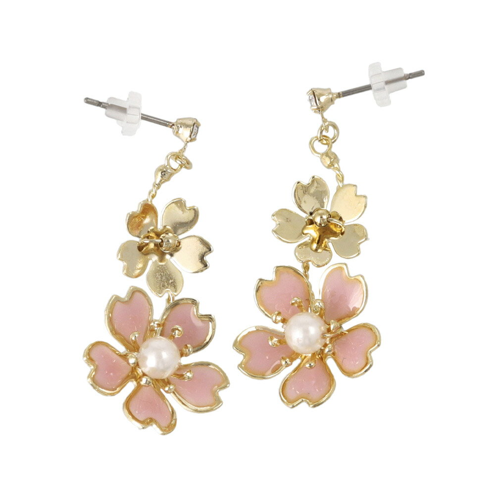 ピアス 桜 チェリーブロッサム パール ストーン メタル エッジ ステンレスポスト ドロップピアス | OSEWAYA アクセサリー レディース 女性 大人 プレゼント ギフト 結婚式 誕生日