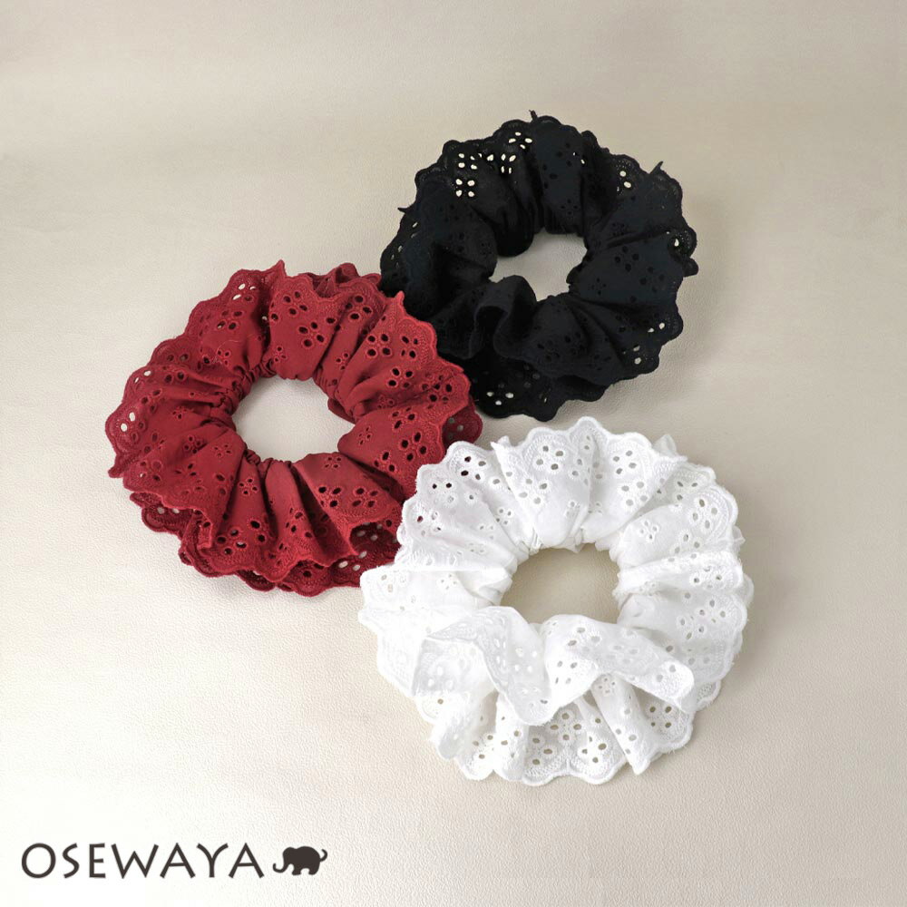 【楽天スーパーSALE 半額】シュシュ フリル コットンレース 刺繍 花 フラワー カラー ヘアゴム ヘアポニー | OSEWAYA ヘアアクセサリー ヘアアク...