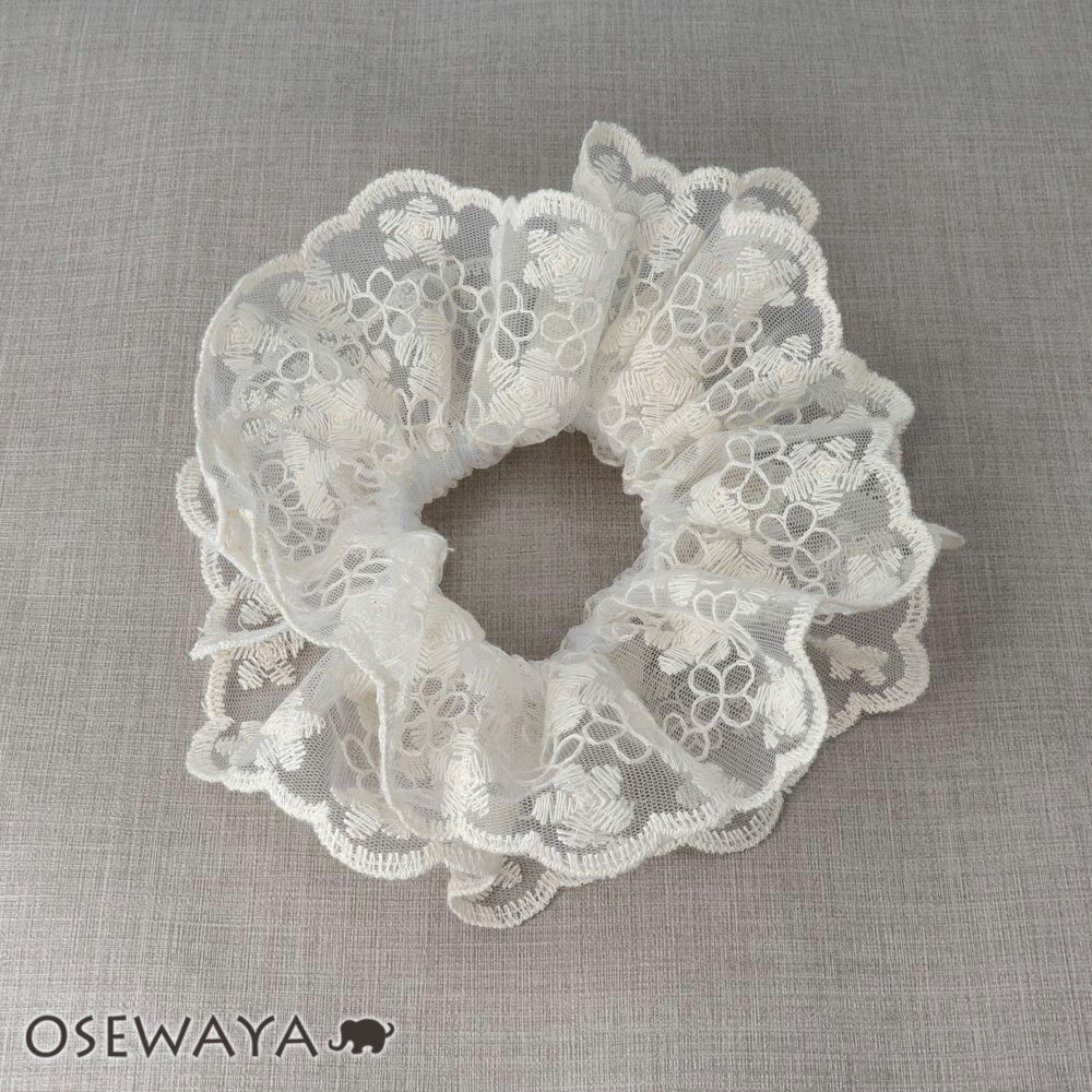 【楽天スーパーSALE 半額】シュシュ スカラップ チュールレース 刺繍 花柄 フラワー ビッグ ボリューム ヘアゴム ヘアポニー | OSEWAYA ヘアアク...