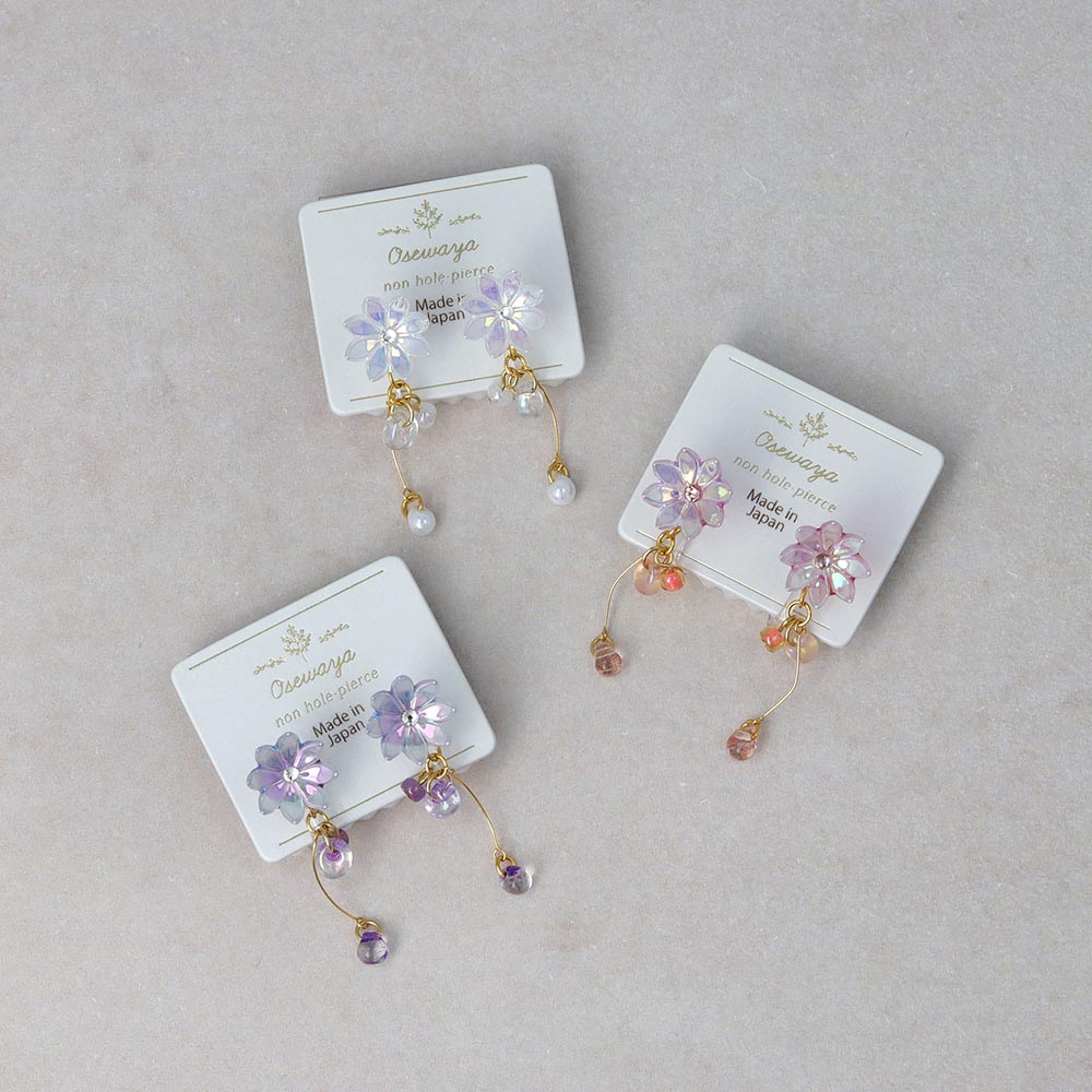 ノンホールピアス フラワー 花 オーロラ ドロップ クリア ビーズ ワイヤー イヤリング 樹脂タイプ | OSEWAYA アクセサリー レディース 女性 大人 ...