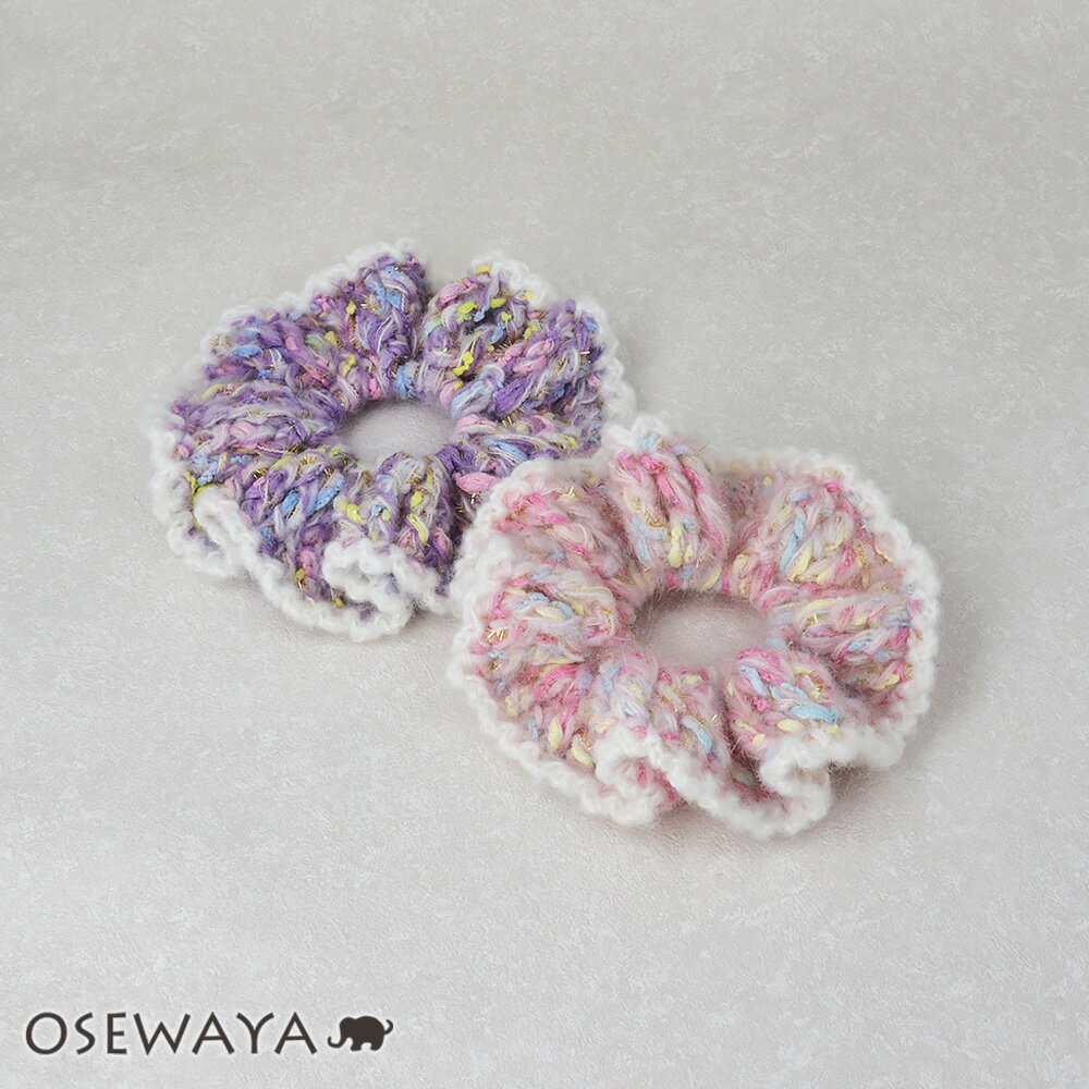 シュシュ毛糸ふわふわボリュームパステルマルチカラー手編み | OSEWAYA ヘアアクセサリー ヘアアクセ ..