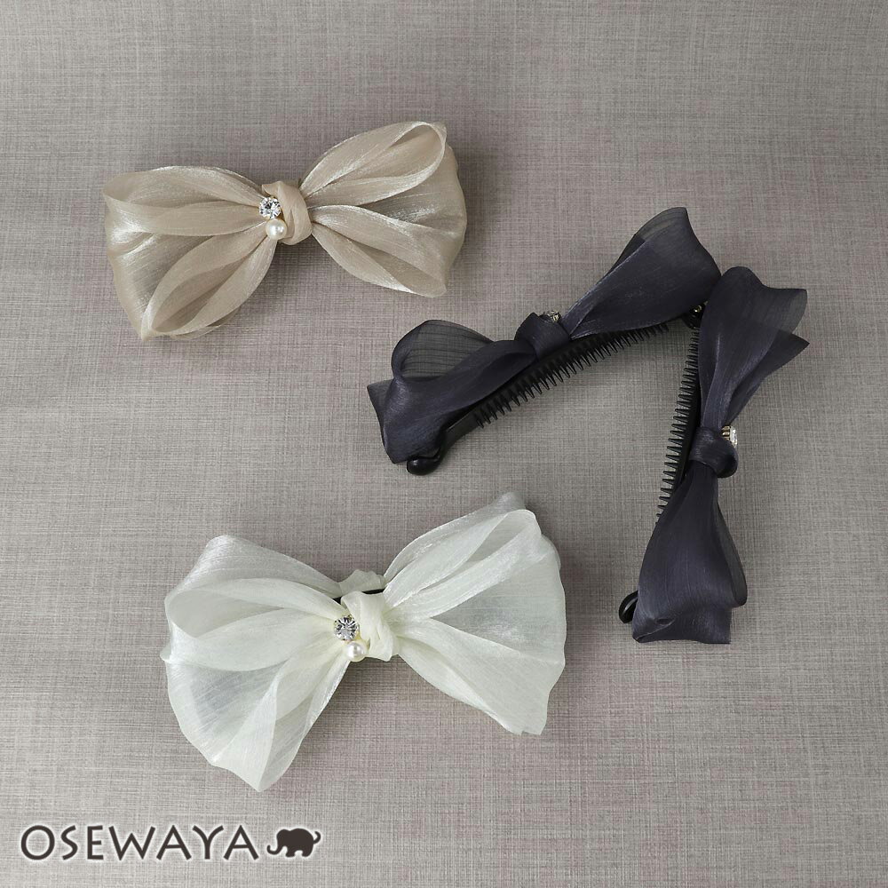 バナナクリップ リボン シアー シマー パール ストーン ヘアクリップ | OSEWAYA ヘアアクセサリー ヘアアクセ レディース 女性 大人 プレゼント ギ...