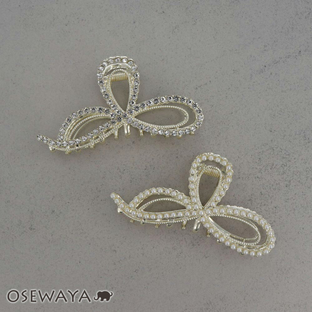 ヘアクリップ ニッケルフリー メタル ダブル リボン ミニ ストーン パール バンスクリップ | OSEWAYA ヘアアクセサリー ヘアアクセ レディース 女性...