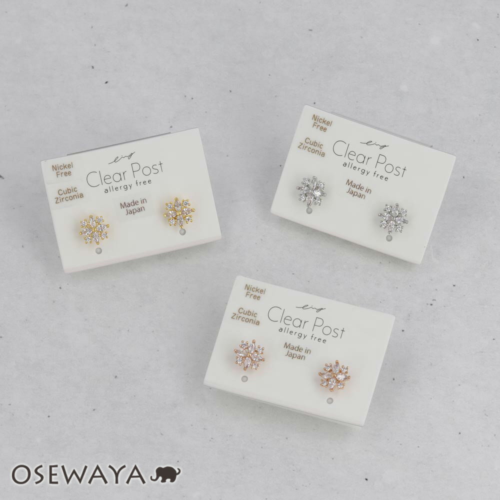 樹脂ピアス ニッケルフリー メタル キュービックジルコニア ミニ スノークリスタル 雪の結晶 スタッドピアス | OSEWAYA アクセサリー レディース 女性...
