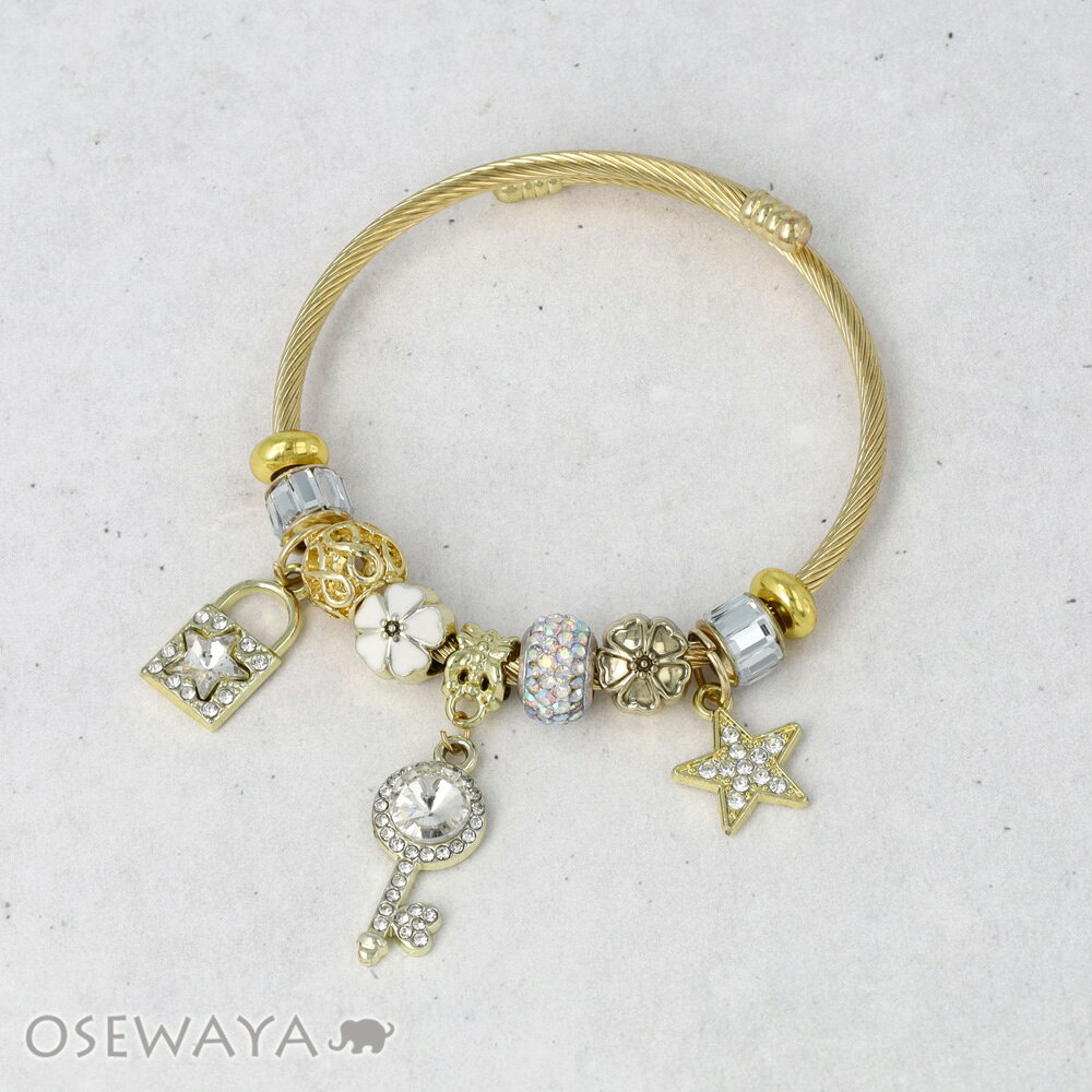 Rakuten - ブレスレット ステンレス メタル カギ キー 星 フラワー パヴェ ストーン チャーム ワイヤーブレスレット | OSEWAYA アクセサリー レディース 女性 大人 プレゼント ギフト 結婚式 誕生日 おしゃれ